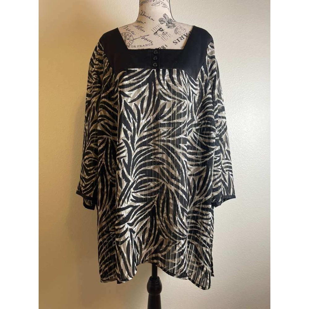 Maggie Barnes Womens‎ 3X Tunic Blouse Zebra Print Square Neck 3/4 Sleeve Black